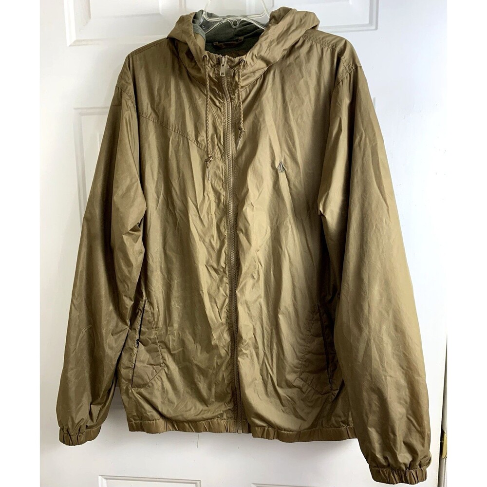 Volcom Mens Windbreaker Watch Out Jacket XL Hooded Zip Up Olive Green